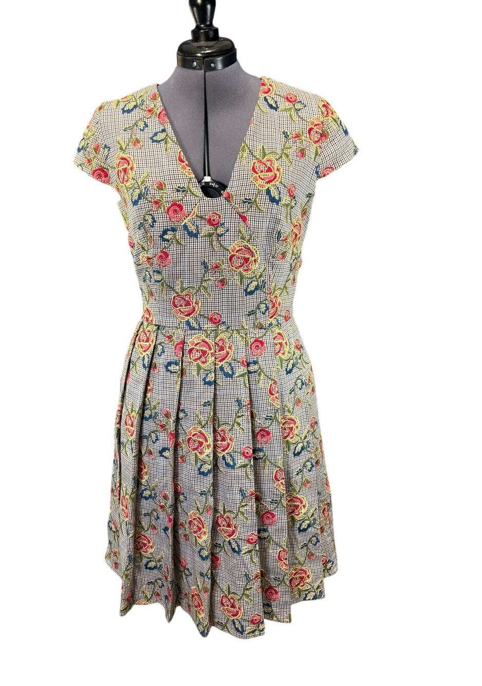 Brooks Brothers Houndstooth Fit & Flare Dress Floral Embroidered Sz 8 Preppy